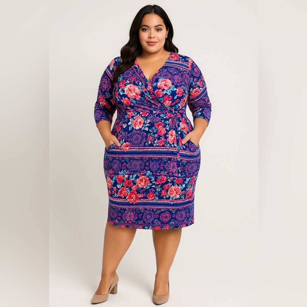 Single floral print three quarter sleeve‎ sheath dress wrap front, size 1X